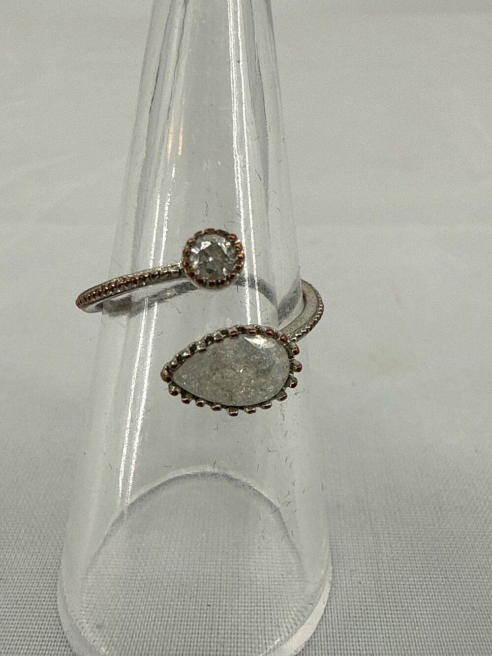 Toi Et Moi Faux Diamond Bypass Ring Bezel Pear Round Cut Teardrop Silver Tone